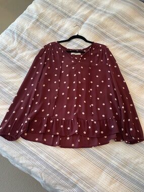 Polka Dot Ruffle-Hem Long Sleeve Blouse - Burgundy
